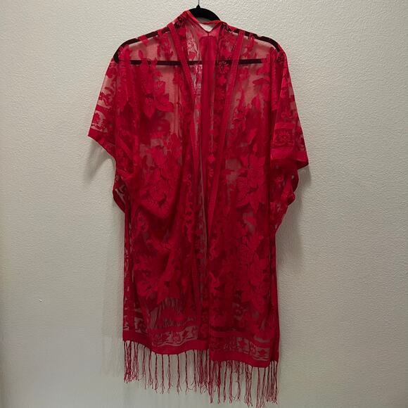 David and Young Red Floral Lace Fringe Kimono Burgundy Style ATO4050 OS NWT - Picture 7 of 7